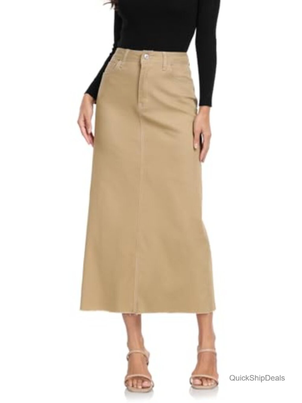 Women's High Waisted Stretch Denim Midi Skirt with Raw Hem & Pockets